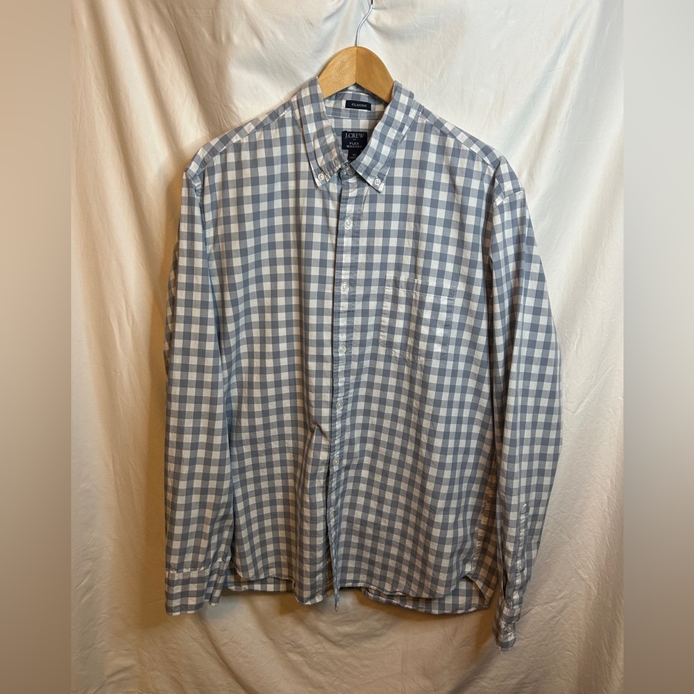 J.Crew Men's XL Flex Washed Blue White Check Button Up Shirt Long Sleeve